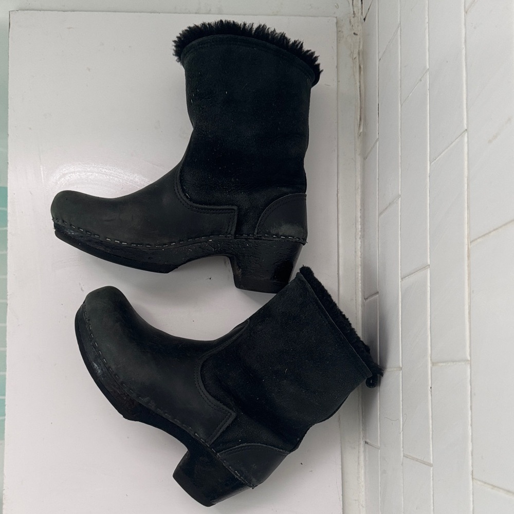 ⭐️ Sven 39 wooden clog 🔥 leather Black Shearling- ankle Lined Boots